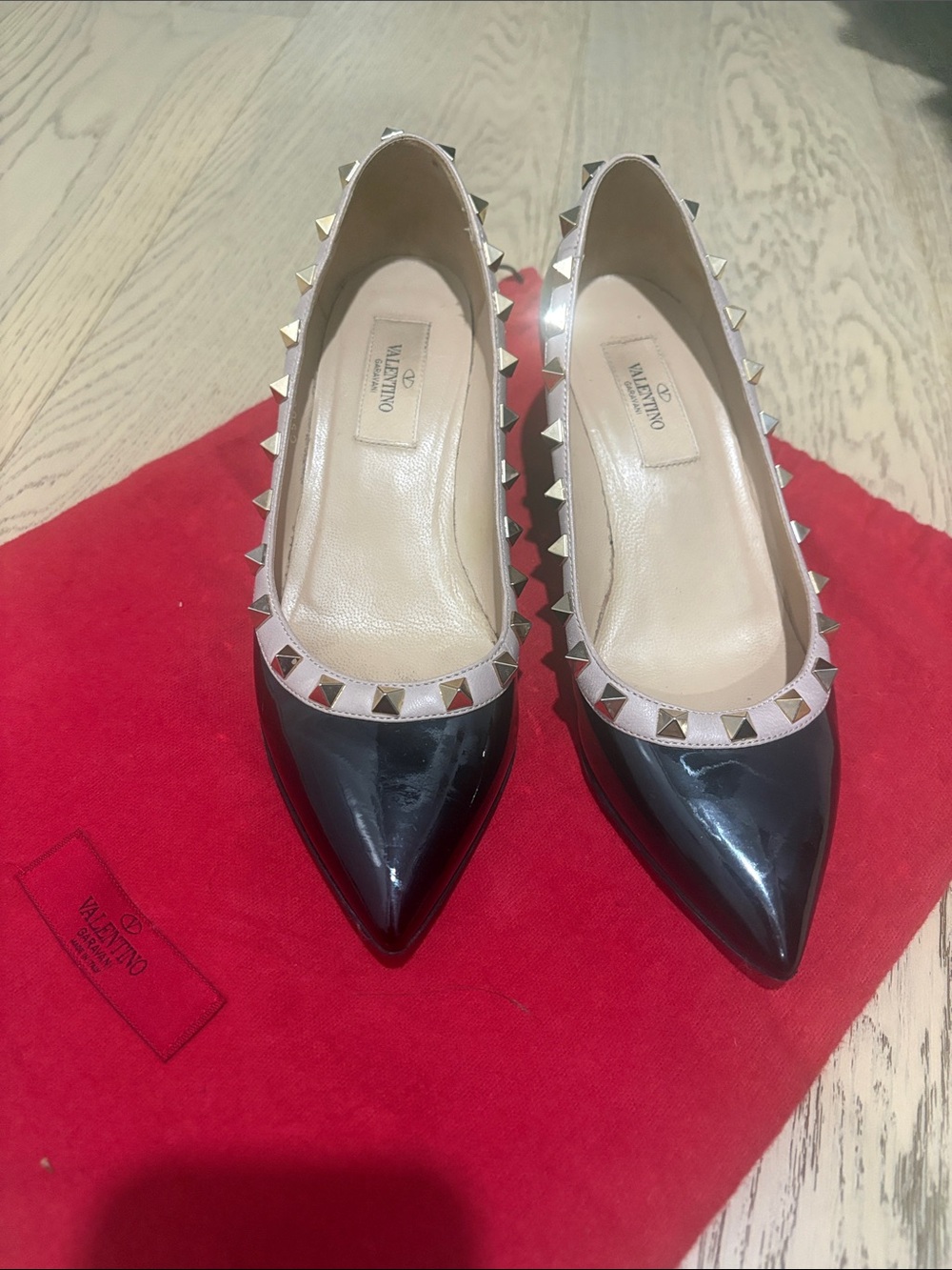 Valentino Black Patent Pointed Toe Rockstud with Nude Trim